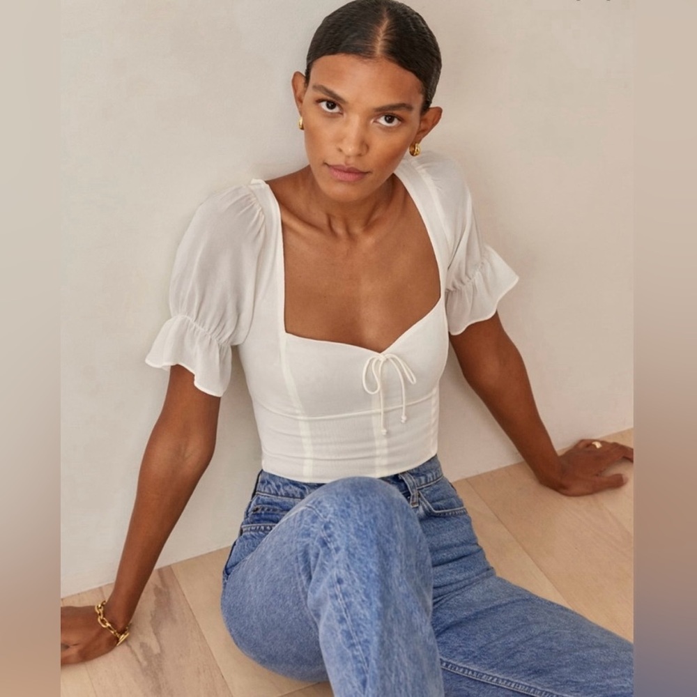 Reformation White Puff Sleeve Top